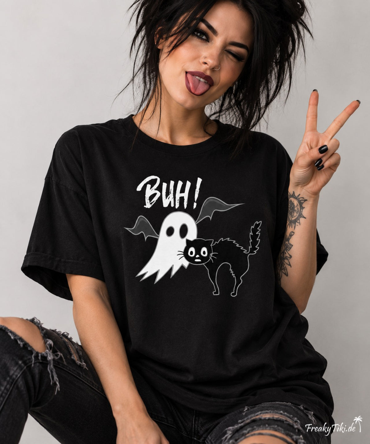 Buh Gespenst schwarze Katze Halloween T-Shirt schwarz Damen