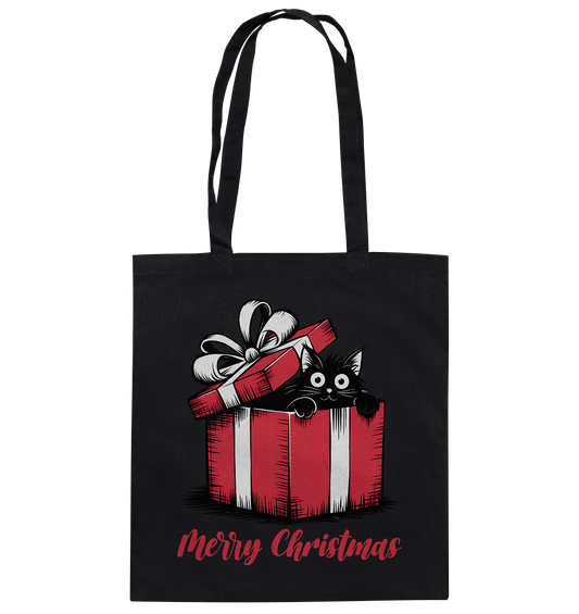 Schwarze Baumwolltasche mit Motiv: Schwarze Katze sitzt in Geschenkbox mit Schriftzug „Merry Christmas“
