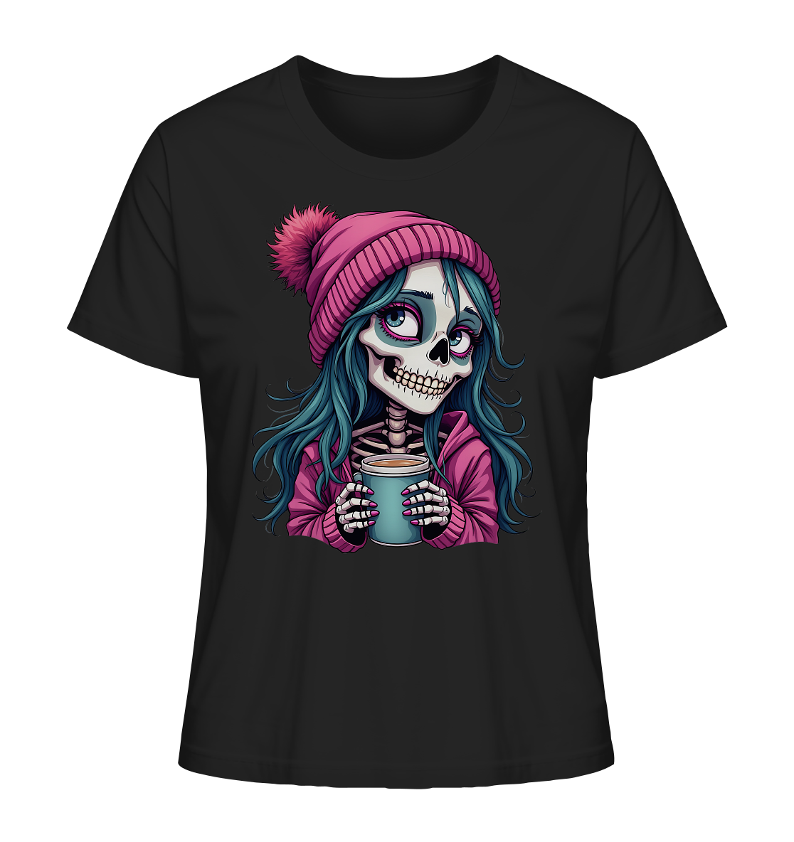 Shirt in Schwarz mit farbigem Motiv eines Coffee Skeleton Girls mit Kaffeetasse und warmer pinker Mütze.