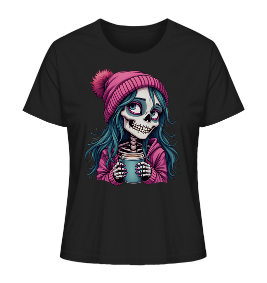 Shirt in Schwarz mit farbigem Motiv eines Coffee Skeleton Girls mit Kaffeetasse und warmer pinker Mütze.