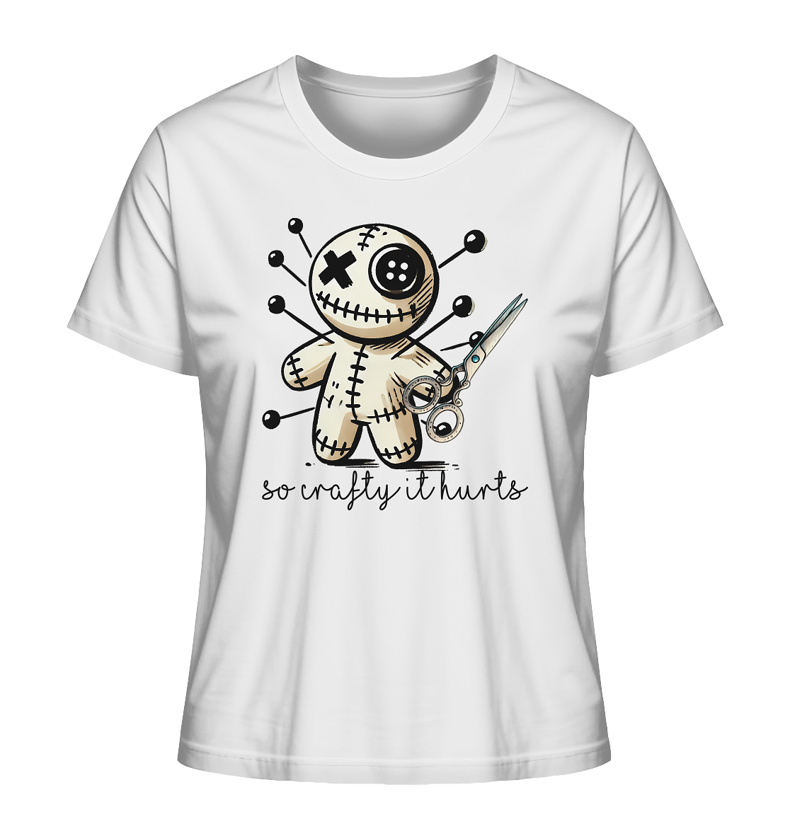 Comic-Voodoo-Puppe mit Stecknadel als Motiv auf weißem T-Shirt