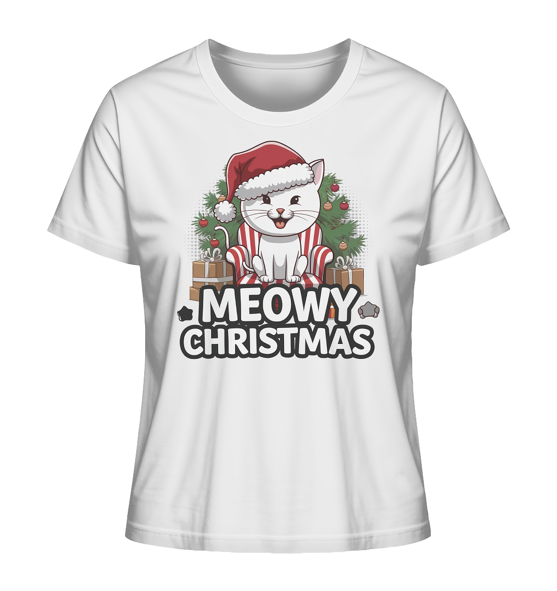 Weißes T-Shirt mit Vintage-Motiv: weiße Katze mit Weihnachtsmütze vor Weihnachtsbaum