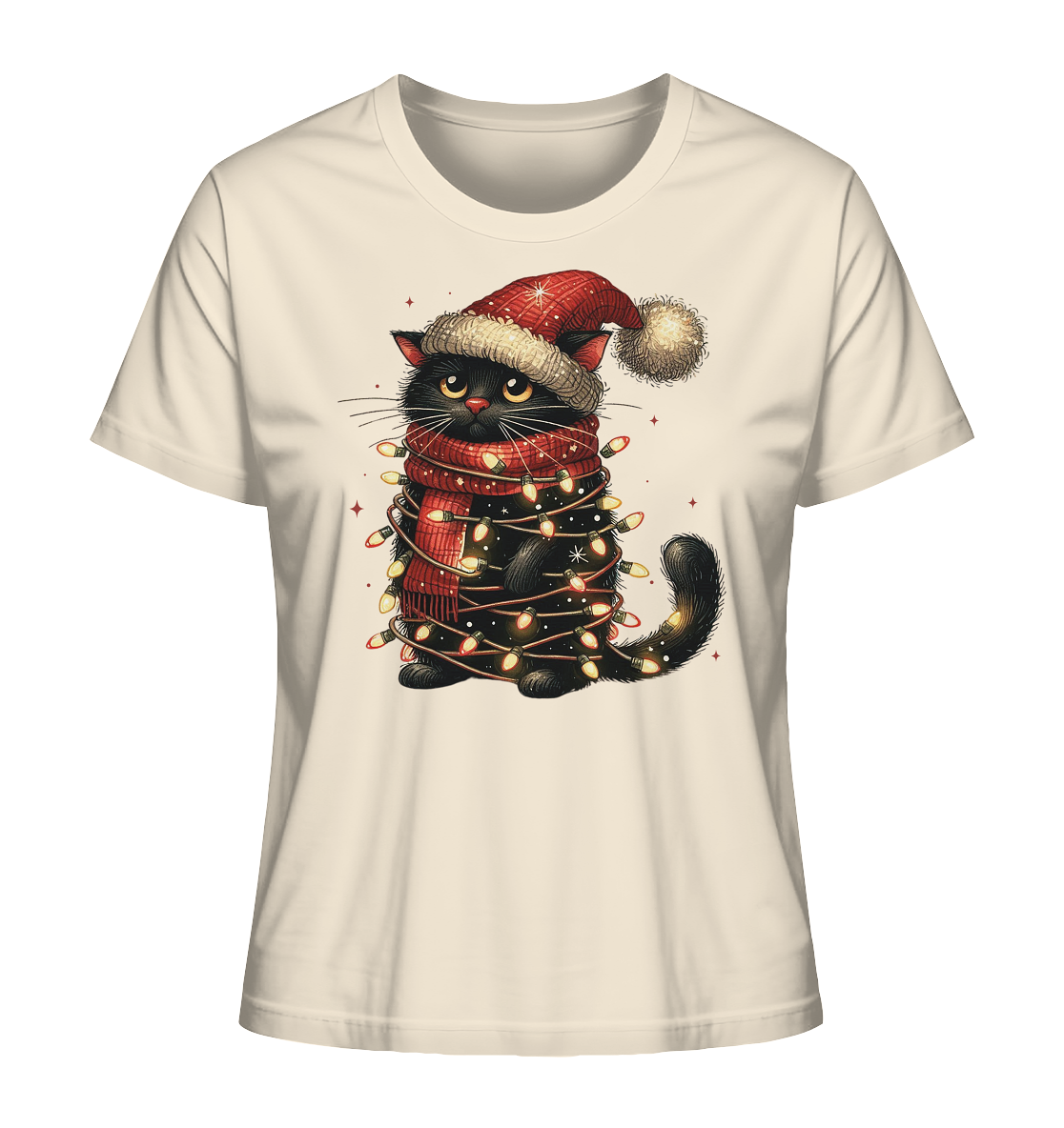 T-Shirt in Natural Raw mit schwarzer Katze in Weihnachtsmütze und Lichterkette