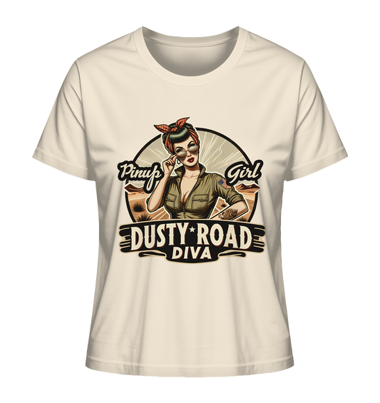 Beiges T-Shirt mit Rockabilly Motiv: Dusty Road Diva Schriftzug und 50er Jahre Frau.