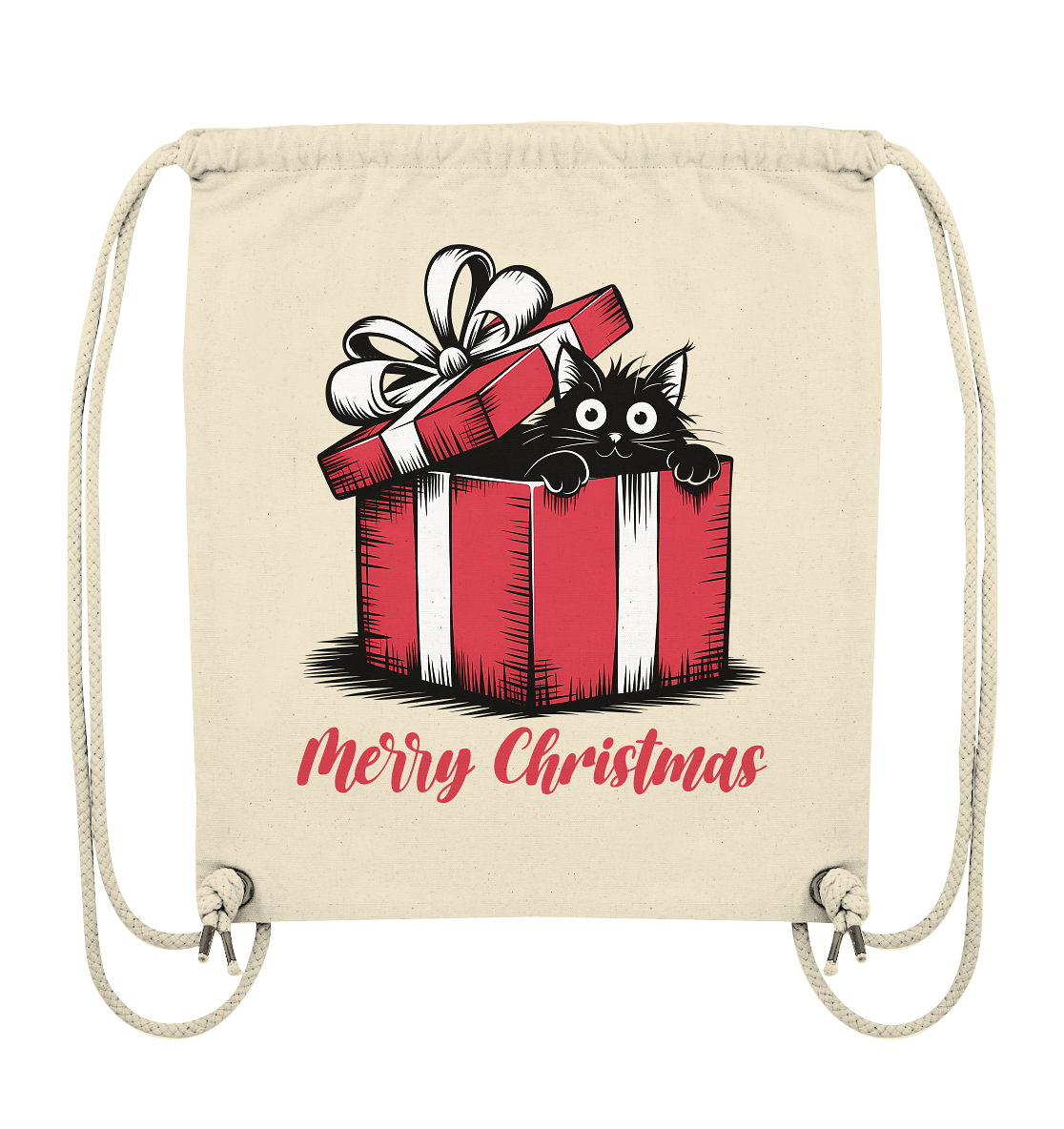 Schwarze Katze sitzt in Geschenkbox mit Schriftzug „Merry Christmas“, Motiv auf Gym-Bag in Beige