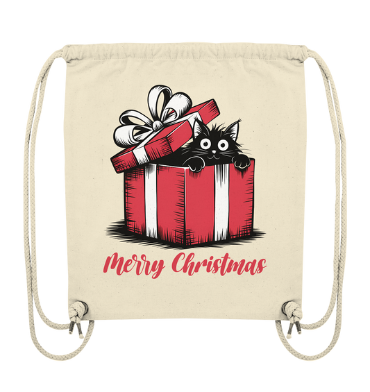 Schwarze Katze sitzt in Geschenkbox mit Schriftzug „Merry Christmas“, Motiv auf Gym-Bag in Beige