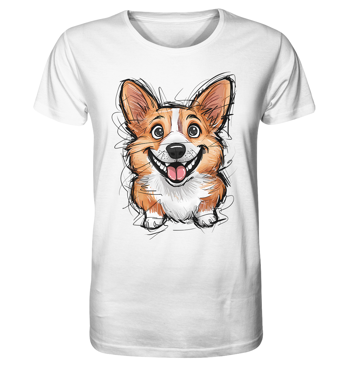Weißes T-Shirt mit süßem Corgi-Hundemotiv, gezeichnet.
