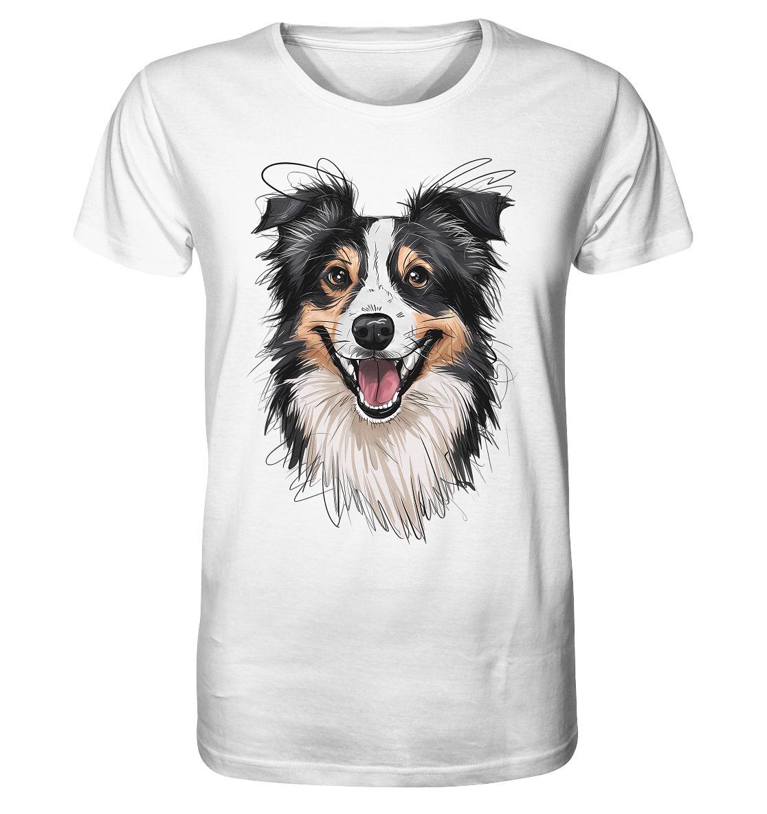 Weißes T-Shirt mit charakterstarkem Border Collie Hundemotiv mit aufmerksamem Blick