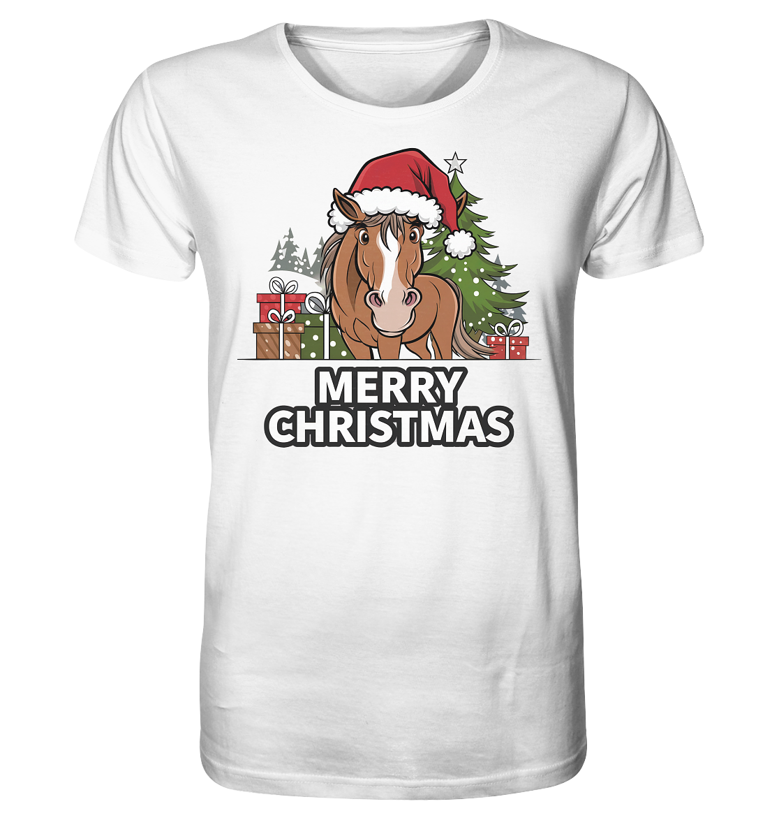 Weißes T-hirt mit Motiv: Pferd mit Nikolausmütze vor Weihnachtsbaum im Vintage-Stil
