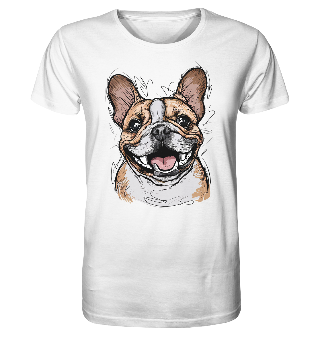 Grimmige französische Bulldogge als Comic-Motiv auf weißem T-Shirt