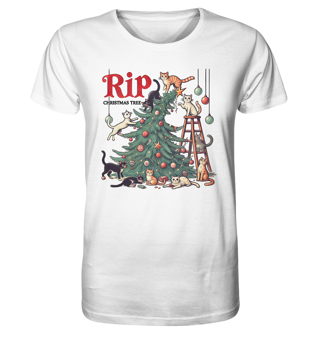 Weißes Shirt mit farbigem Motiv einer Katze auf einer Leiter, die mit einem Weihnachtsbaum spielt, viele Katzen um und auf dem Baum.