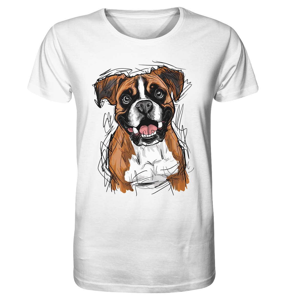Weißes T-Shirt mit realistischer Darstellung eines Boxerhundes mit freundlichem Blick