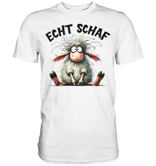 Weißes T-Shirt mit witzigem Schaf-Motiv und Wortspiel ‚Echt Schaf‘ , Vorderansicht
