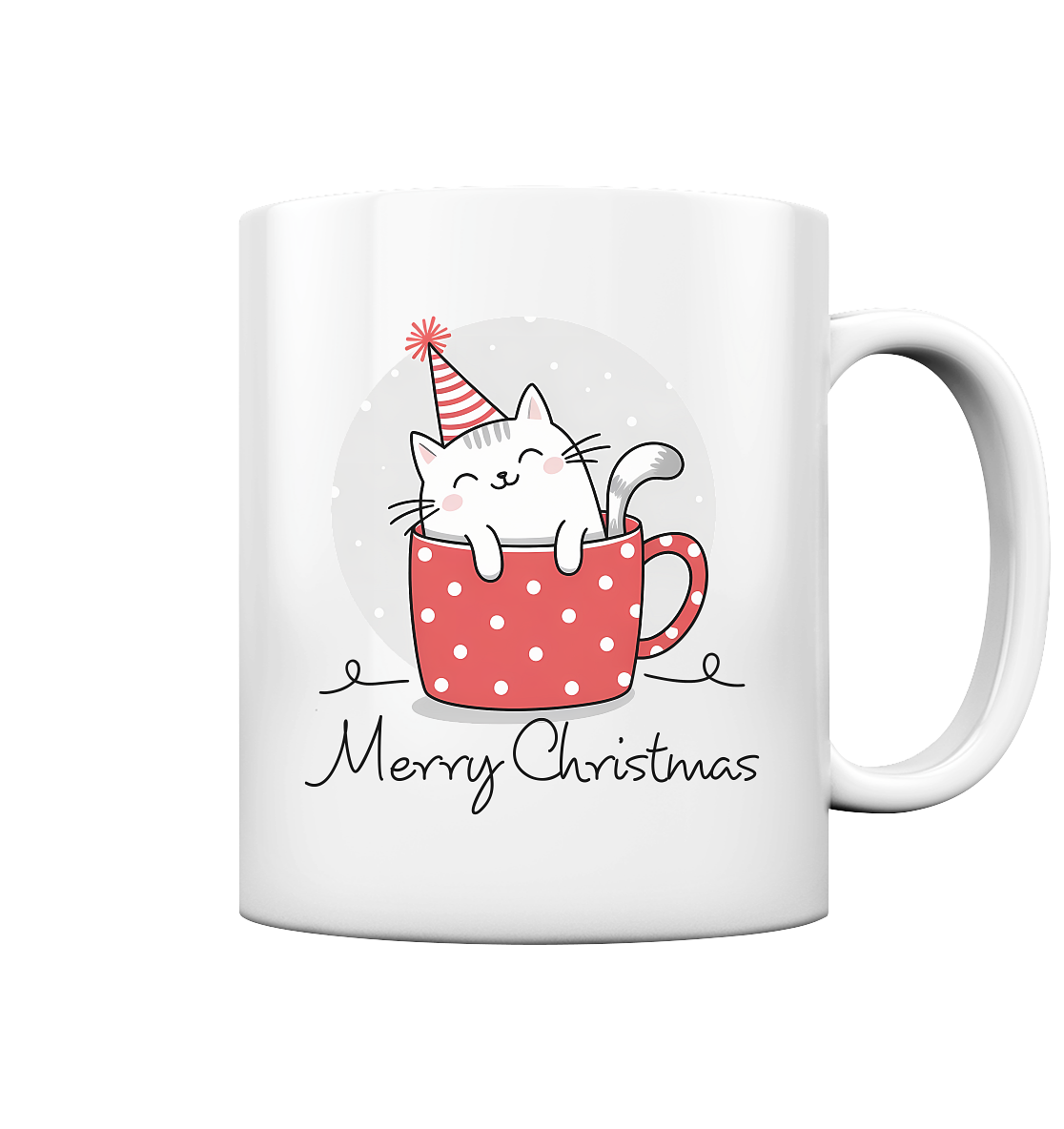 Tasse mit grinsender Katze, die in einer roten Tasse sitzt. Schriftzug "Merry Christmas"