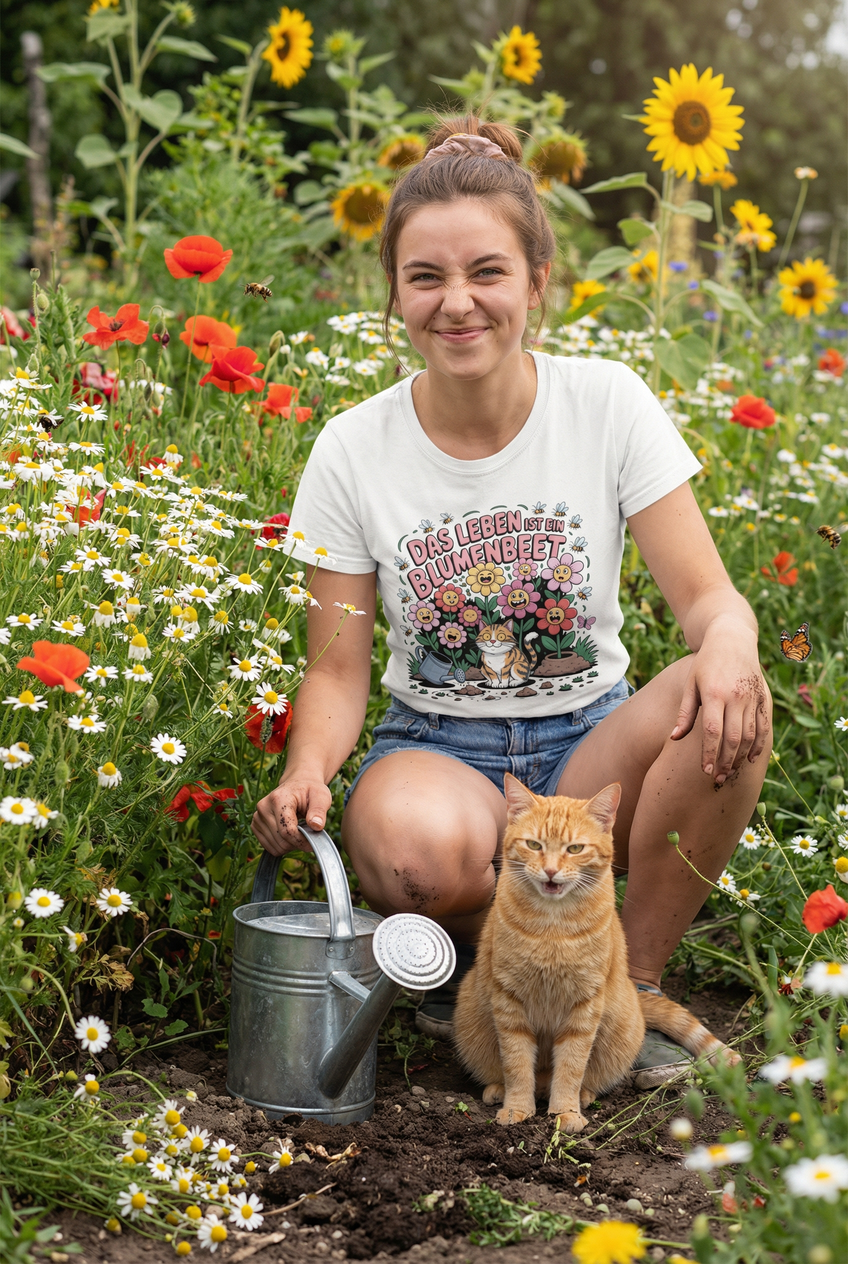 Das Leben ist ein Blumenbeet – und die Katze kackt drauf – T-Shirt