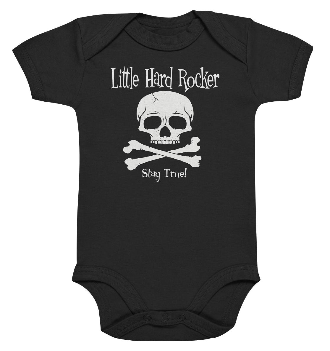 Schwarzer Babybody mit Skull & Crossbones und dem Spruch „Little Hard Rocker“