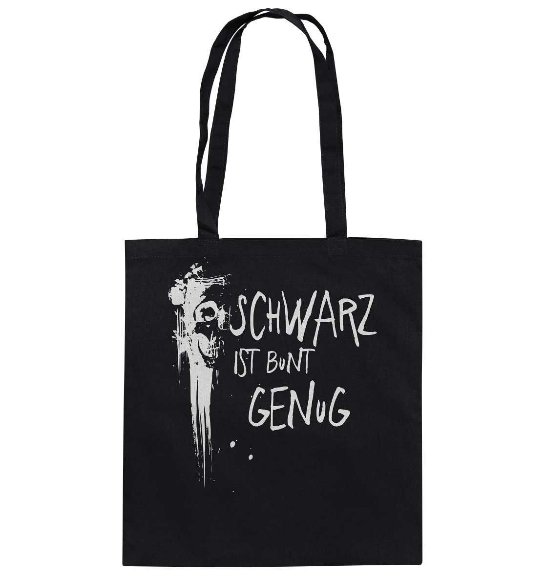 Baumwoll Tasche Shopping Bag mit Spruch „Schwarz ist bunt genug“ und Skull-Graffiti-Design, lässiges Streetwear Shirt aus 100 % Baumwolle.