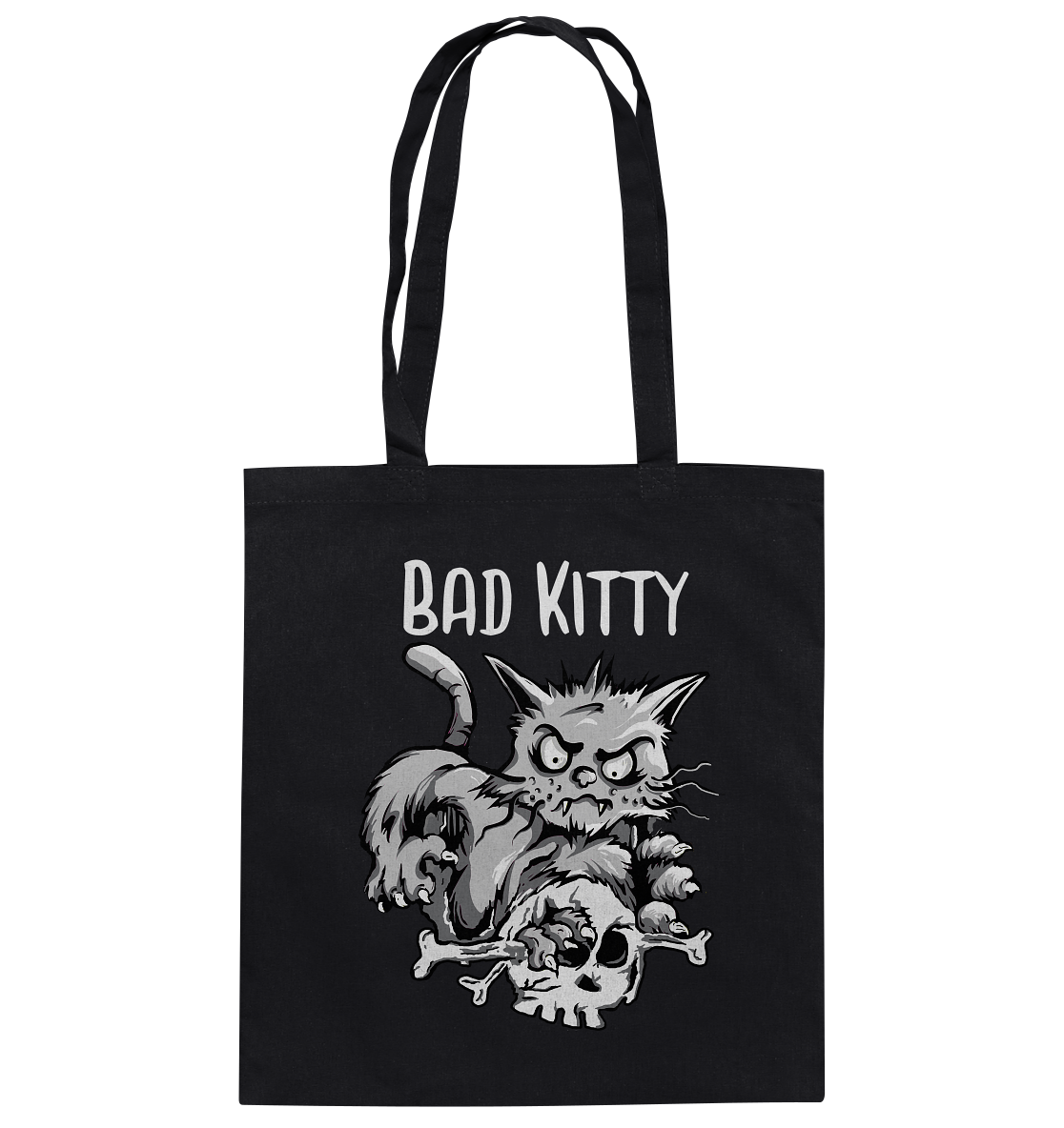 Baumwolltasche mit böser Gothic-Katze, Skull in den Krallen, Aufschrift „Bad Kitty“, düsteres Katzenmotiv.