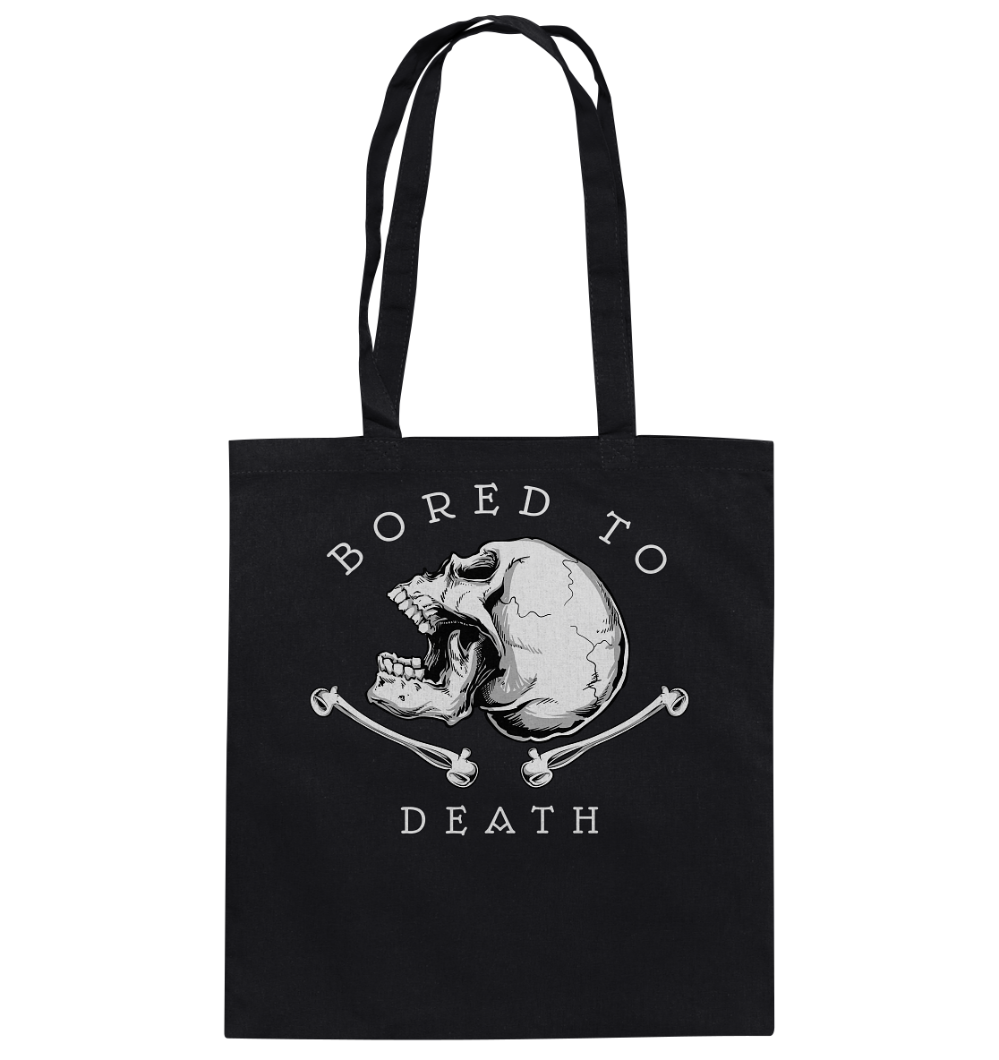 Baumwolltasche mit Skull-Design und Spruch „Bored to death“, leichte Tragetasche aus 100 % Baumwolle, frecher Stil.