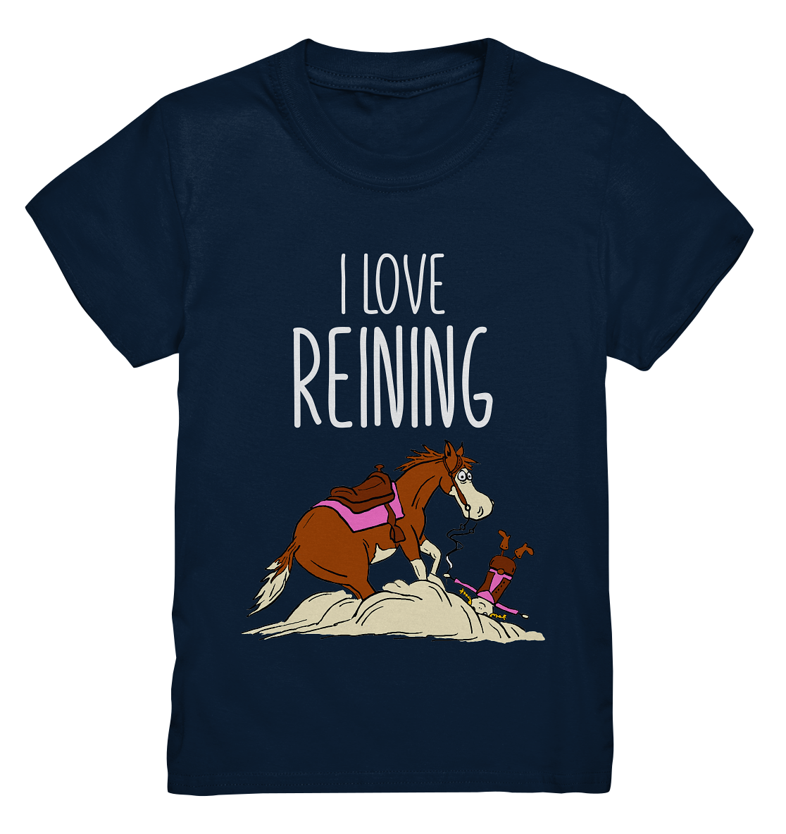 Schwarzes Kids Shirt mit Quarter Horse im Sliding Stop und gestürztem Reiter Schriftzug I Love Reining