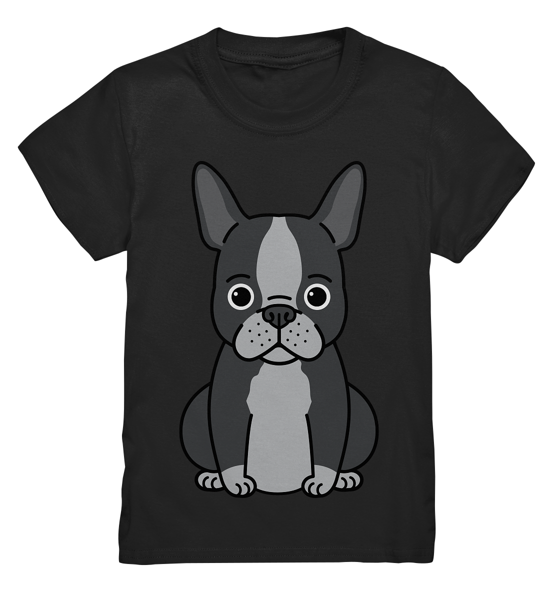 Schwarzes Kids T-Shirt mit großem Motiv einer süßen grau-schwarzen französischen Bulldogge auf der Vorderseite