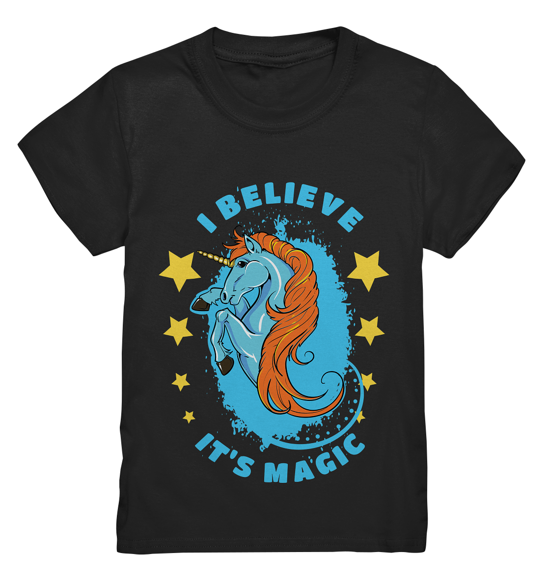 Kids T-Shirt mit blauem Einhorn und Spruch „I believe it’s magic“ – fantasievoll, magisch und kindgerecht gestaltet.