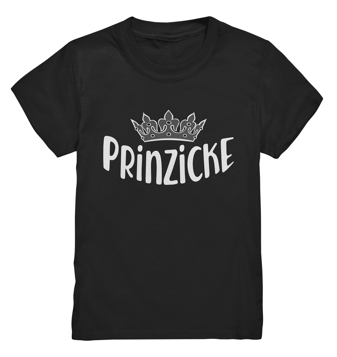 Schwarzes Kids T-Shirt mit weißem Schriftzug „Prinzicke“ und kleiner Krone darüber auf der Vorderseite