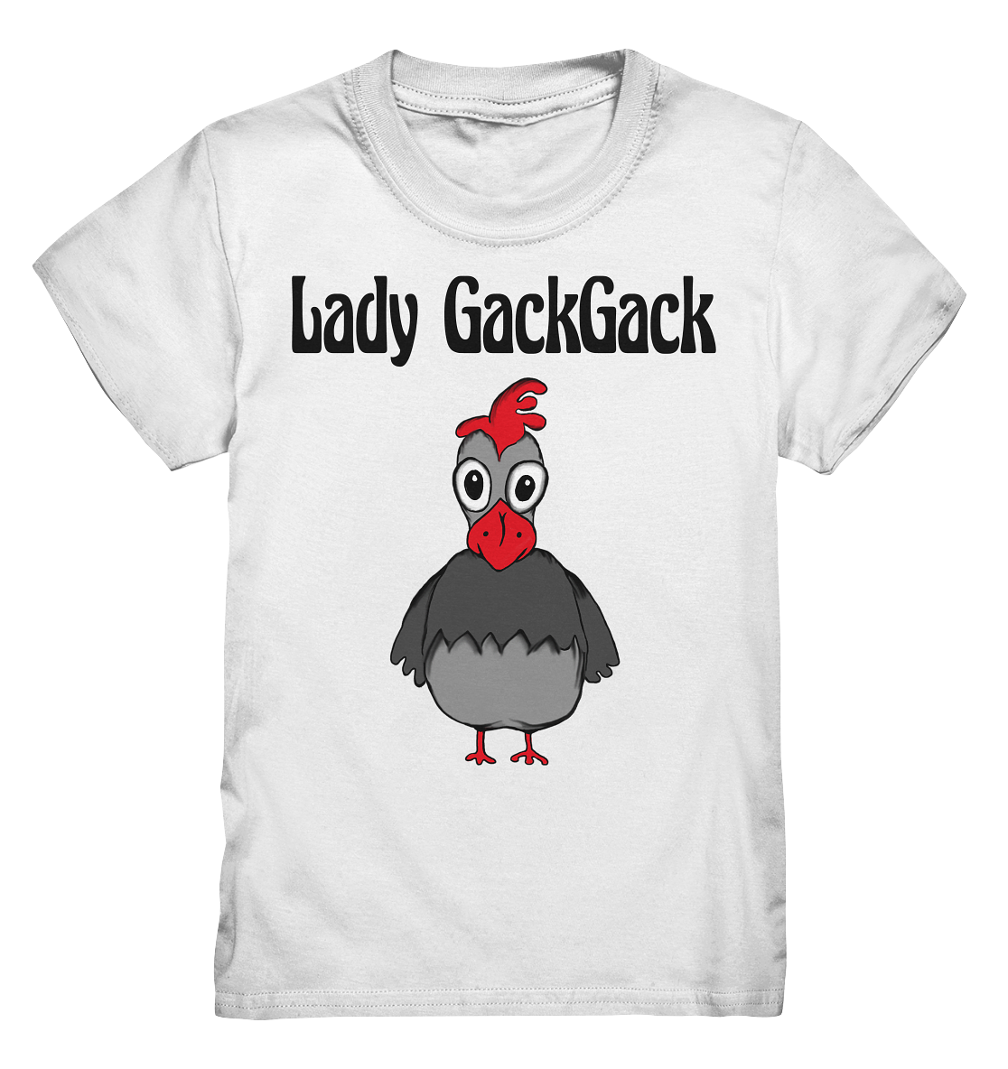 Weißes Kids Shirt mit verrückter Henne und Schriftzug Lady Gackgack