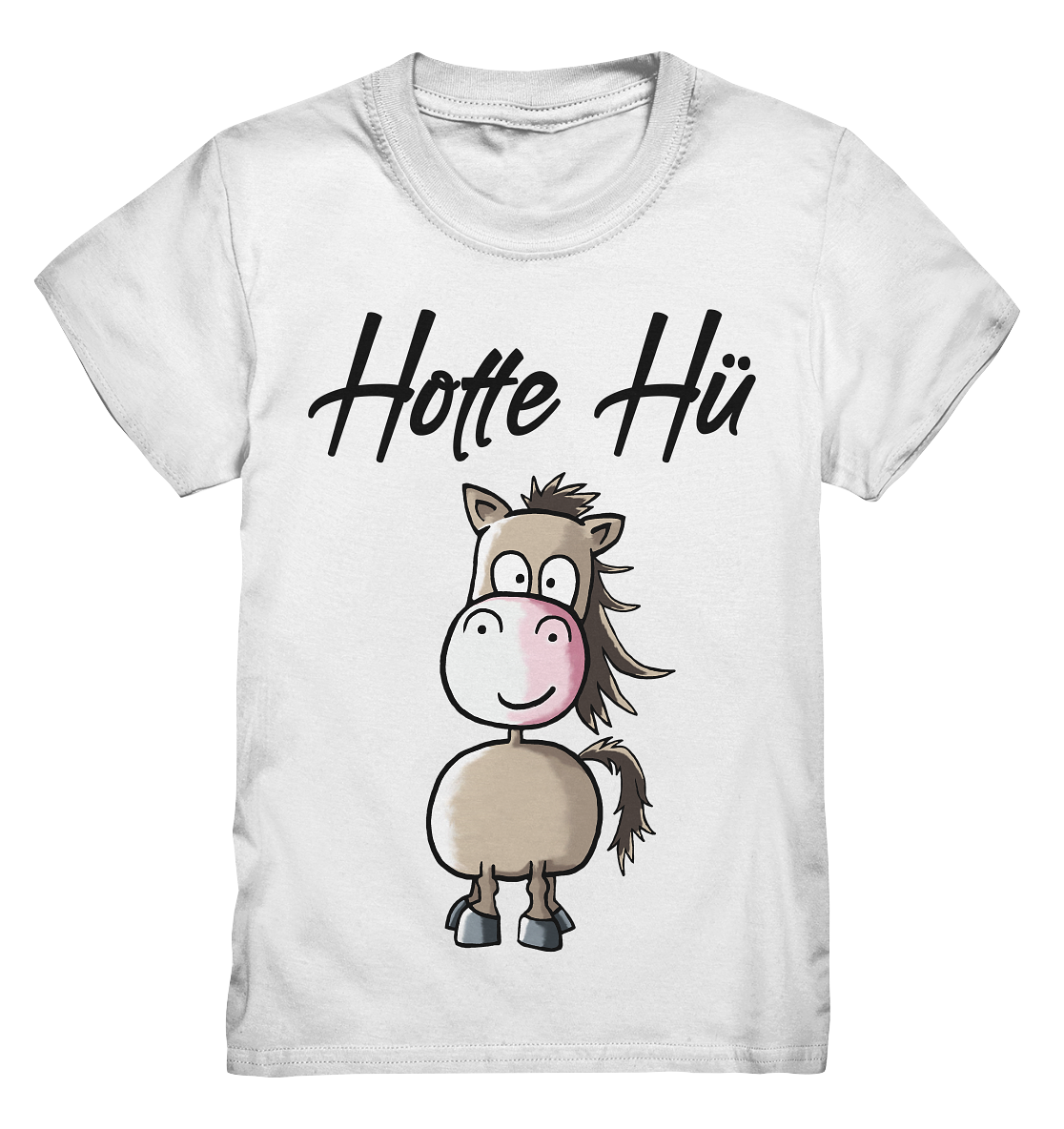 Weißes Kids Shirt mit kleinem braunen Pferd und Schriftzug Hotte Hü