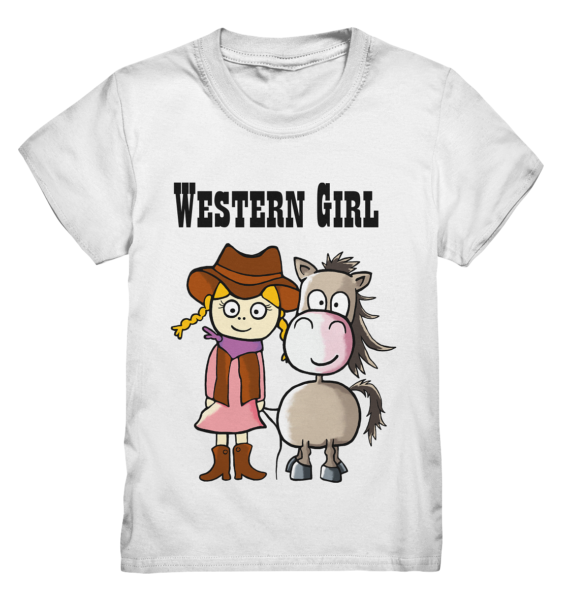 Weißes Kids Shirt mit Western Girl, Cowboyhut und Pferd Motiv