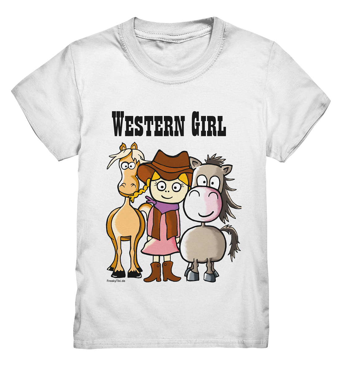 Weißes Kids Shirt mit Western Girl und zwei Pferden Motiv