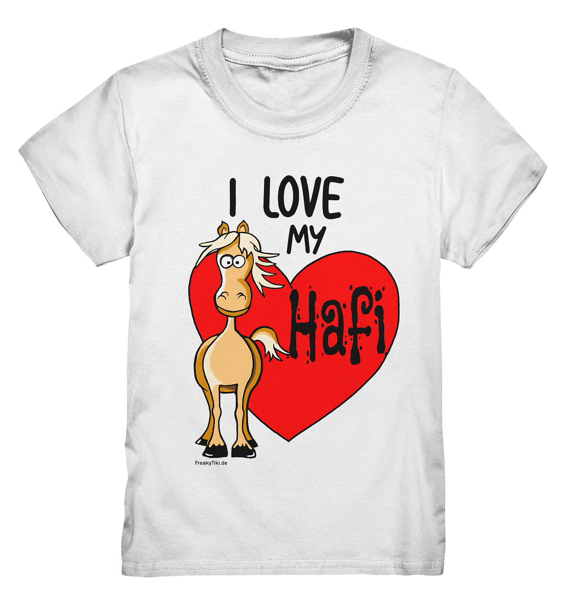Weißes Kids Shirt mit süßem Haflinger-Motiv und Schriftzug I love my Hafi