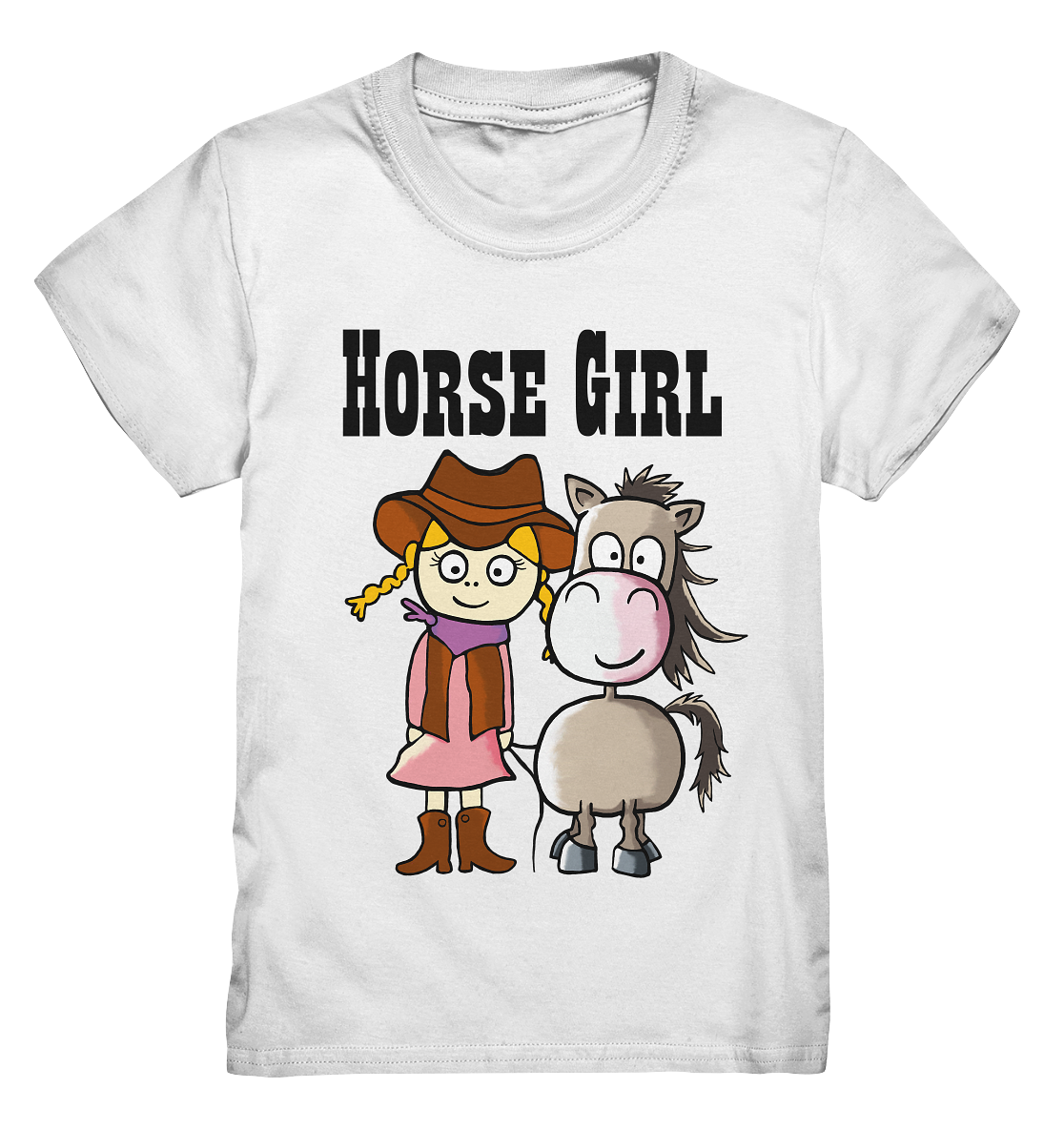 Weißes Kids Shirt mit Westernmädchen, Quarter Horse und Schriftzug Horse Girl