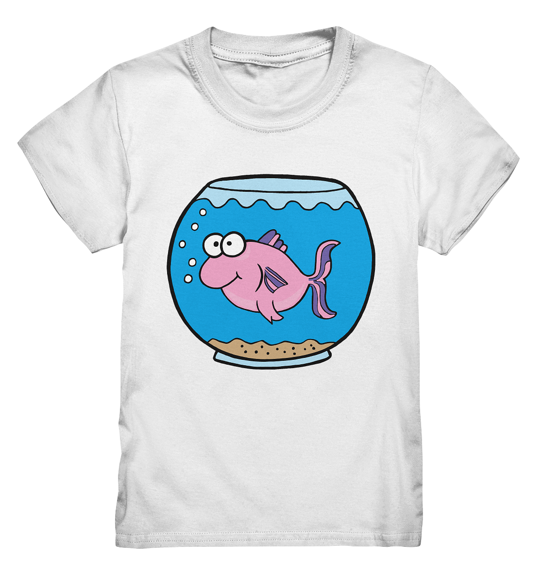 Weißes Kids Shirt mit süßem Motiv: Kleiner Fisch schwimmt fröhlich in einem Trinkglas.