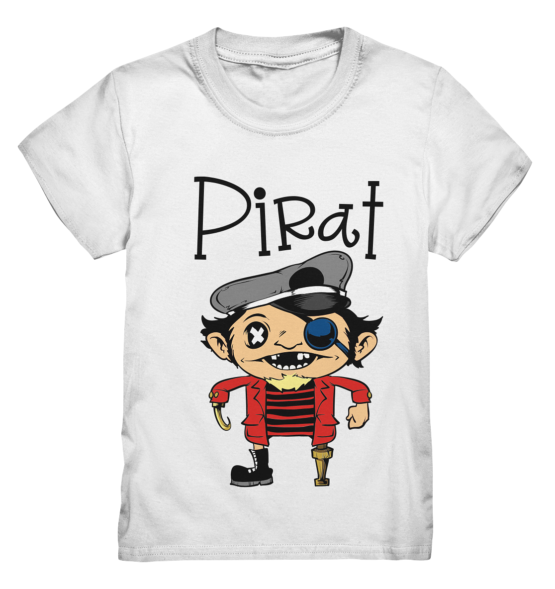 Weißes Kids Shirt mit witzigem Piratenmotiv: Pirat mit Holzbein, Hakenhand und frechem Gesichtsausdruck.