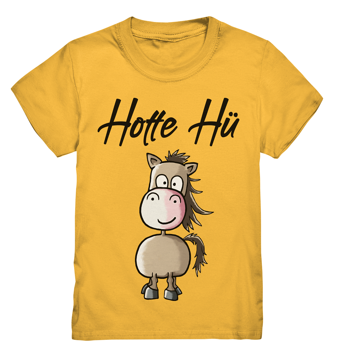 Gelbes Kids Shirt mit kleinem braunen Pferd und Schriftzug Hotte Hü