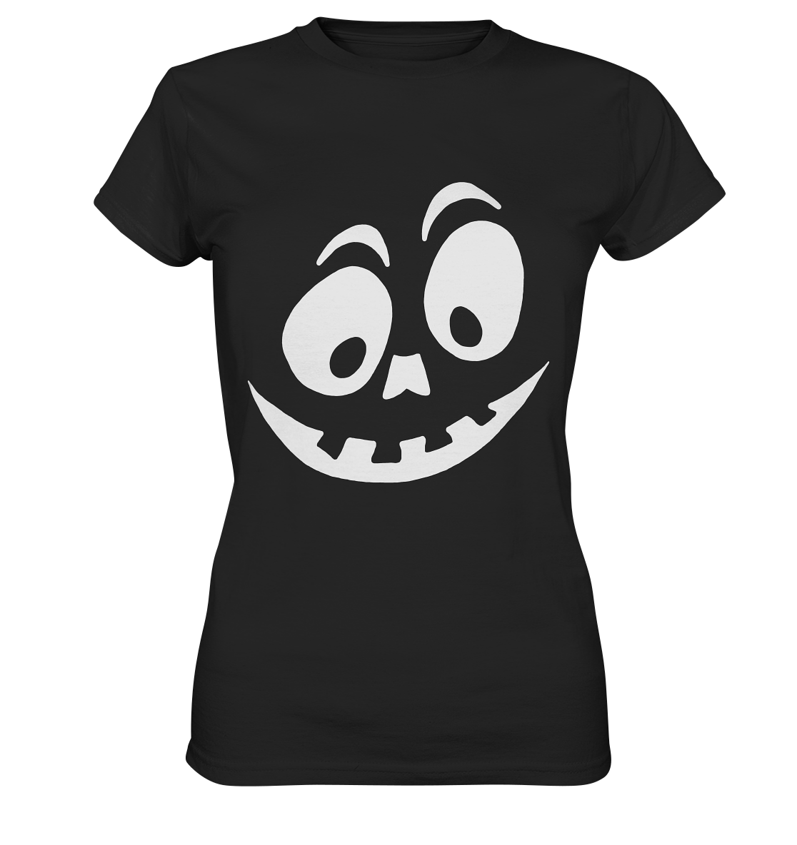 Schwarzes Ladies T-Shirt mit großem weißen Grinsegesicht im Kürbisstil auf der Vorderseite