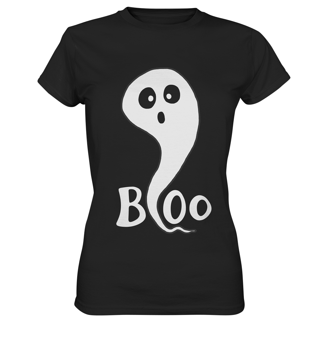 Schwarzes Ladies T-Shirt mit großem weißen Gespenst und dem Schriftzug „Boo.“ auf der Vorderseite