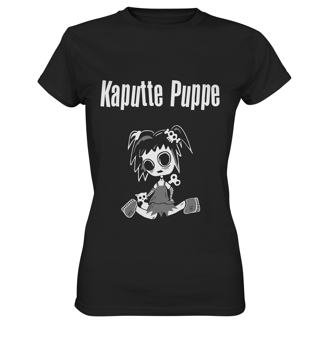Schwarzes T-Shirt mit weißem Schriftzug „Kaputte Puppe“ und Gothic-Doll-Motiv mit Knopfaugen auf der Vorderseite