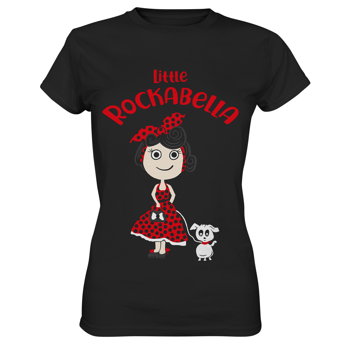 Schwarzes Ladies T-Shirt mit farbigem Motiv einer kleinen Rockabella mit Schleife im Retro-Stil auf der Vorderseite