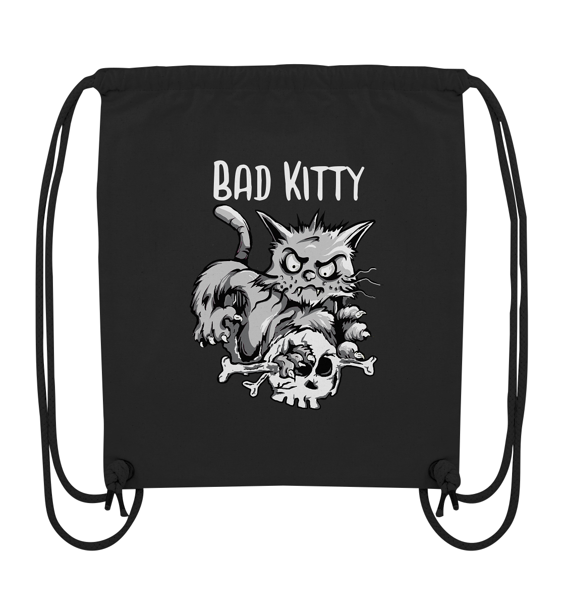 Turnbeutel mit Gothic-Katze, Skull in den Krallen, Aufschrift „Bad Kitty“, robuster Canvas Gym-Bag.