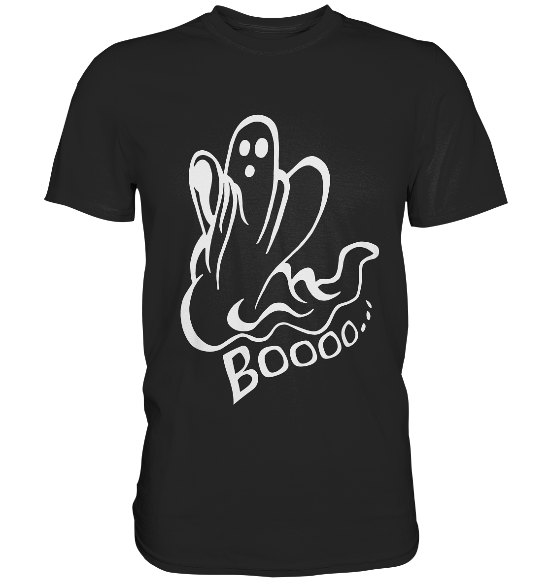 Schwarzes T-Shirt mit großem weißem Gespenst und dem Schriftzug „Booo...“ auf der Vorderseite