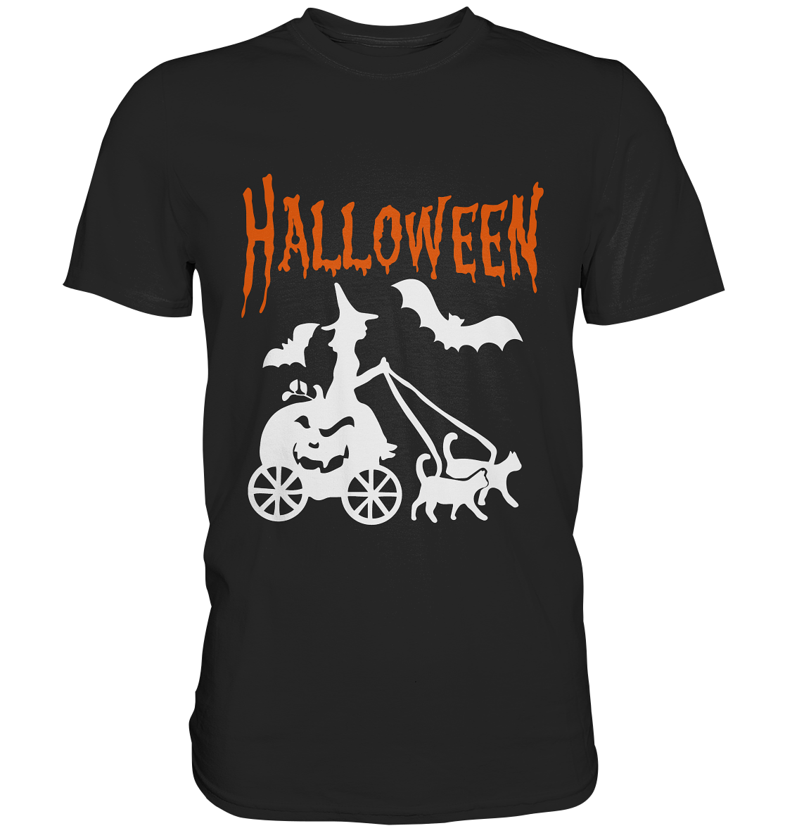 Schwarzes Shirt mit Hexe in Kürbis-Kutsche, gezogen von Katzen – Halloween Motiv, humorvoll und düster.