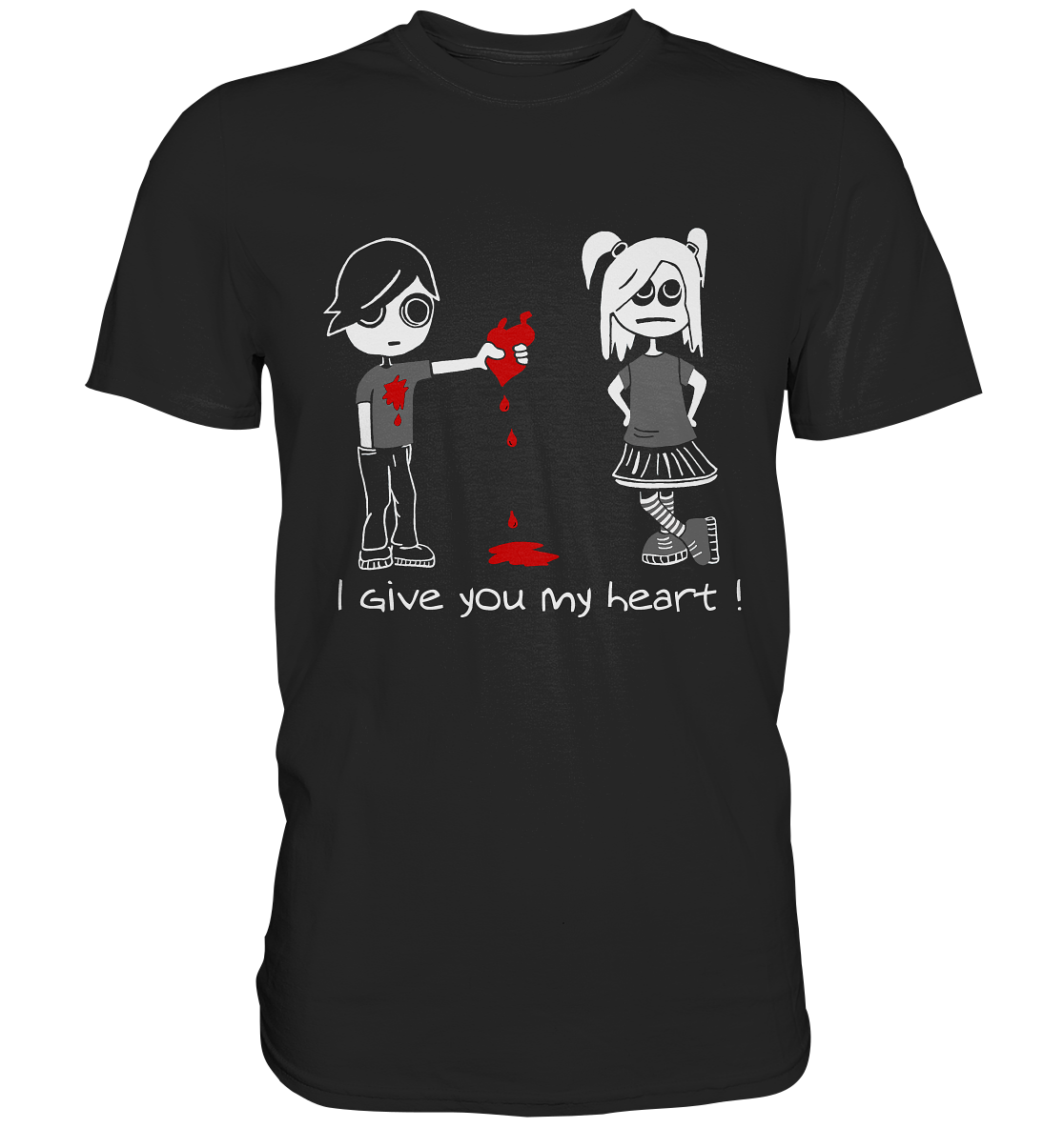 Schwarzes T-Shirt mit Gothic Junge und Herz, Gothic Mädchen mit Skull-Zöpfen, Schriftzug „I Give You My Heart“, düsterer Gothic Style.