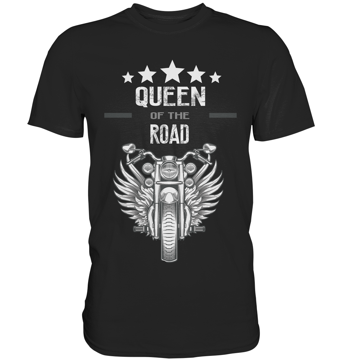 Schwarzes Shirt mit Chopper-Motorrad und Schriftzug „Queen of the Road“, kraftvolles Biker-Design.