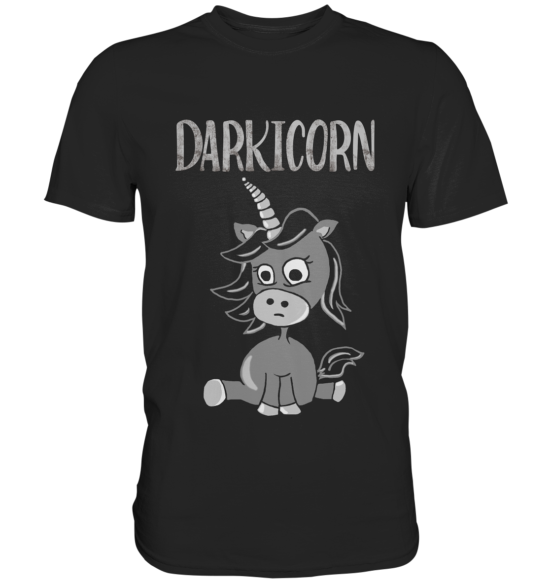 T-Shirt mit schwarzem Gothic-Einhorn „Darkicorn“, Fantasy Motiv im dunklen Stil.
