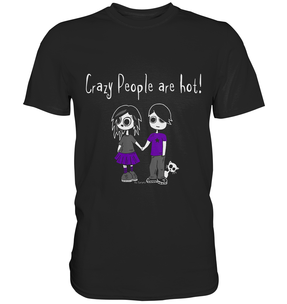 Schwarzes T-Shirt mit Gothic-Pärchen, das Händchen hält, und dem Spruch „Crazy people are hot“ – süß, düster und romantisch.