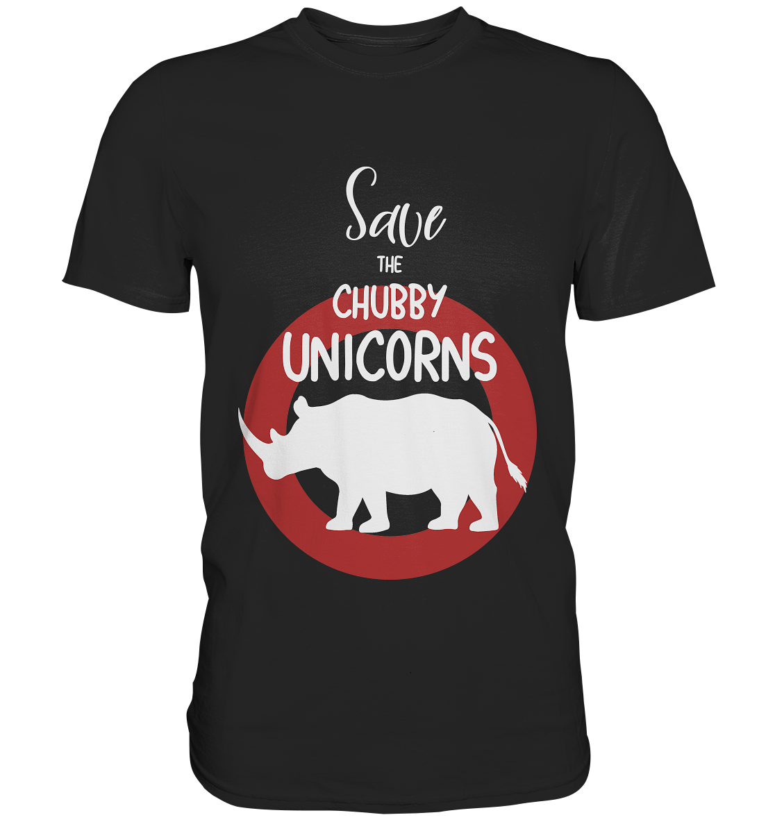 Schwarzes T-Shirt mit süßem Nashorn und dem Spruch „Save the cubby unicorns“, Statement mit Herz