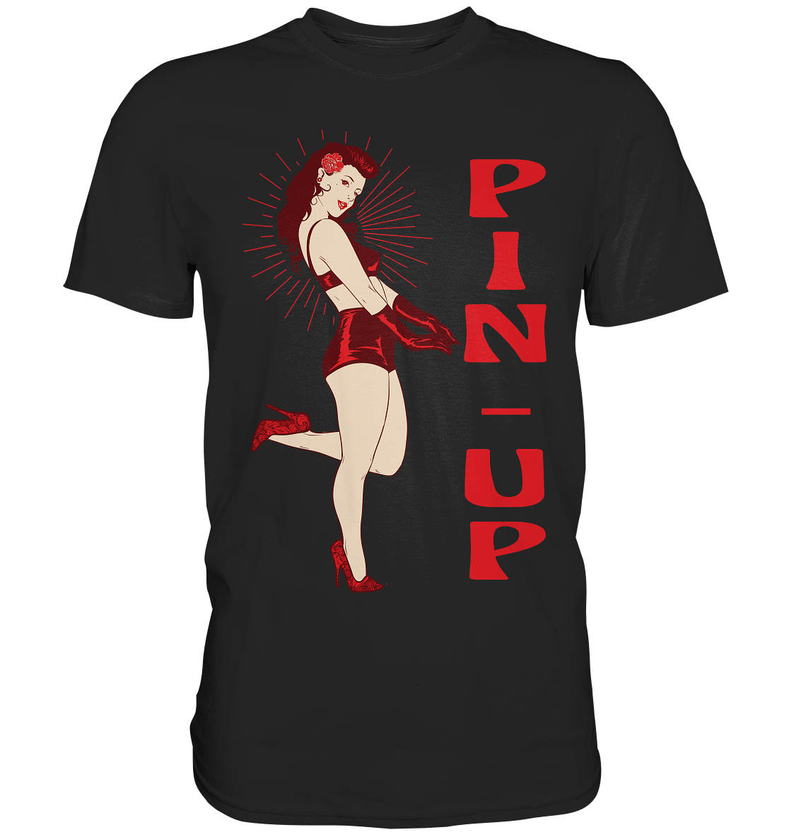 Schwarzes T-Shirt mit Rockabilly Pinup Girl im Retro-Fifties-Stil – Burlesque-inspiriertes Vintage-Motiv.