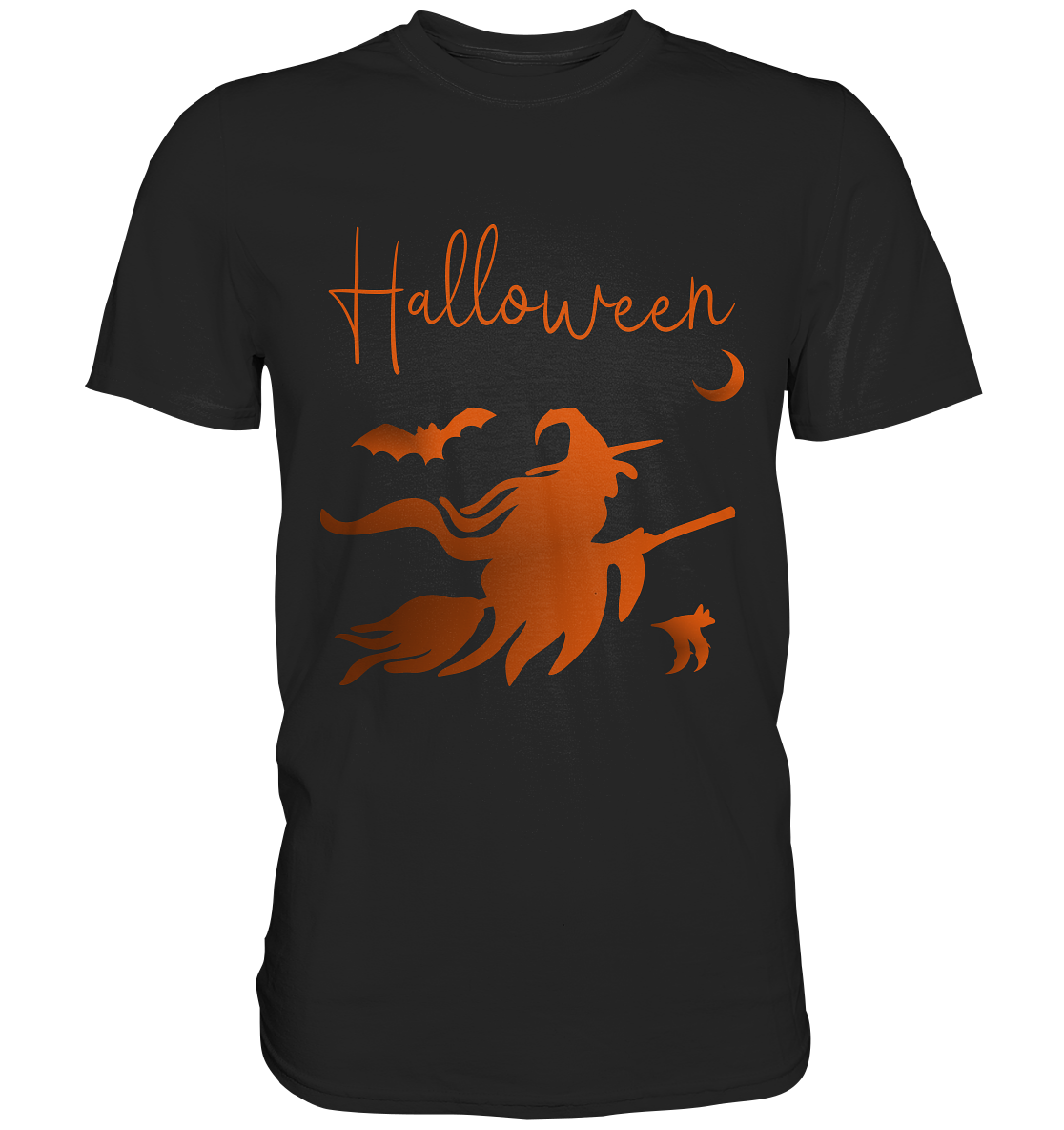Schwarzes Shirt mit fliegender Hexe auf Besen, düsteres Halloween-Design in kräftigem Orange.